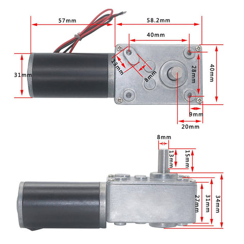 Beefy 12V DC Worm Gear Motor With 8mm Output Shaft High Torque Turbo Geared Motor And Gearbox dimensions front and side view