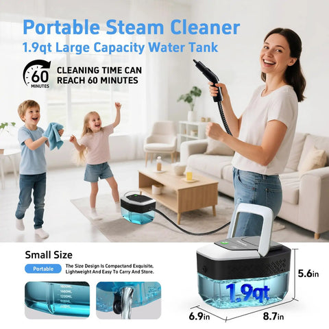 Top Shelf Handheld Steam Cleaner Featuring 3 Adjustable Temp Settings And A Massive 1.8 Liter Tank with hose and water tank.