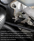 Close-up of KVAEY 3AN stainless steel brake line tee adapter with mounting tab and male flare fittings