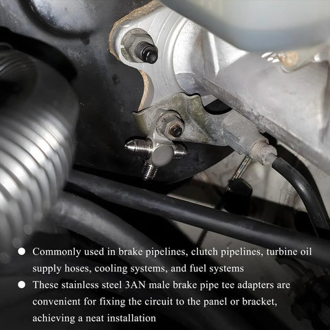 Close-up of KVAEY 3AN stainless steel brake line tee adapter with mounting tab and male flare fittings