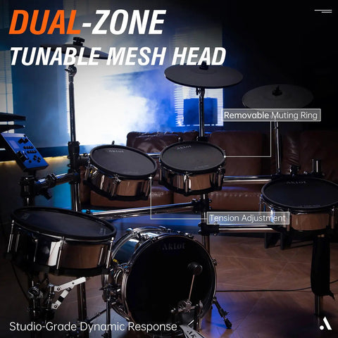 Acoustic-Style Electronic Drum Set With Independent 16-Inch Wooden Bass Drum, dual-zone mesh heads, in home studio setup.
