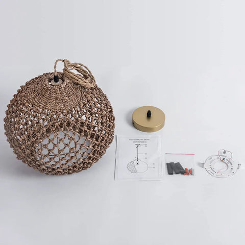 Awesome Hand Woven Rattan Pendant Light With 13.7 Inch Round Basket Shade; assembly parts and instructions shown