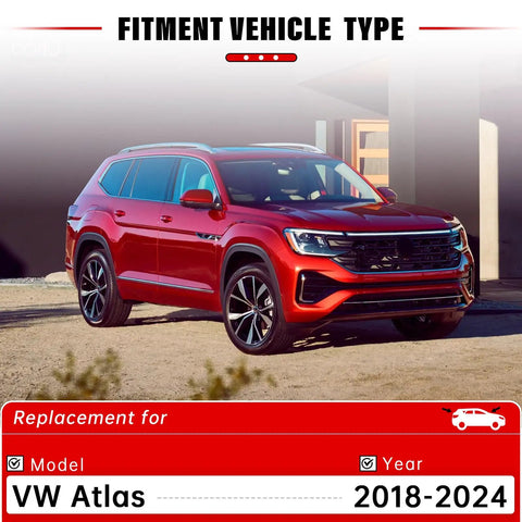 Red VW Atlas 2018-2024 parked, compatible with Atlas Windshield Wiper Blades Set 26 Inch Front Wiper 22 Inch Front Wiper and 12 Inch Rear Replacement