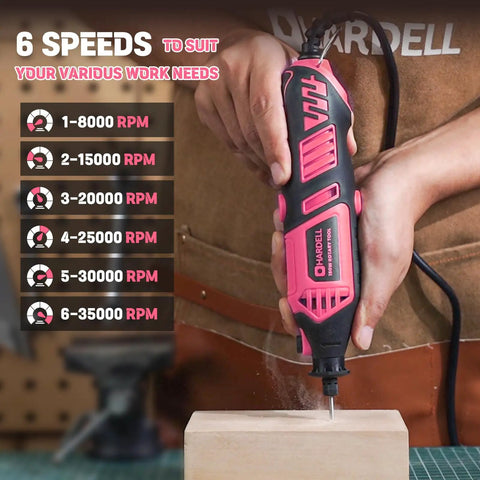 Rock Solid Corded Rotary Tool Kit With 180 Watt Motor Variable 8000 To 35000 Rpm Six Speed Controls and a user demonstrating it on wood.