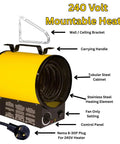 Heavy Hitter Electric Forced Air Shop Heater Blasts 5000 Watts with yellow tubular steel cabinet and fan only setting.
