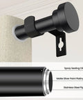 Heavy Duty Black Curtain Rods For Windows 28 To 48 Inches Five Eighths Inch Diameter Adjustable Stainless Steel Drapery Rod With Brackets shown with close-up detail of matte finish and bracket attachment.