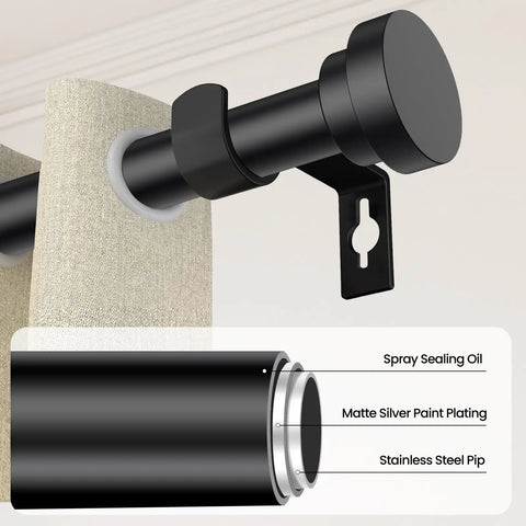 Heavy Duty Black Curtain Rods For Windows 28 To 48 Inches Five Eighths Inch Diameter Adjustable Stainless Steel Drapery Rod With Brackets shown with close-up detail of matte finish and bracket attachment.