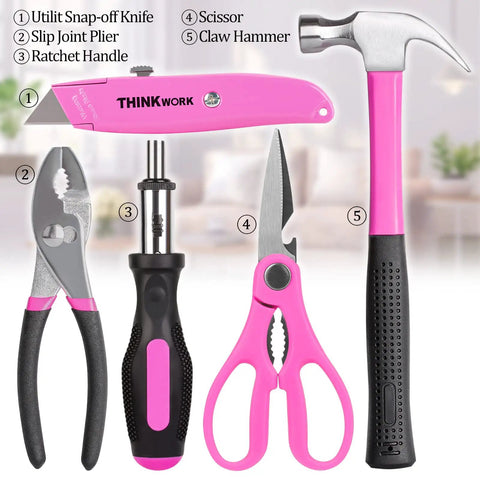 Five-piece Pink Tool Set For Women 122 Piece With 3.6V Rotatable Electric Screwdriver Easy Carry Round Pouch DIY Kit with scissors.