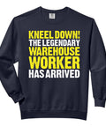 Kneel Down Warehouse Worker Sweatshirt For Adults With Relaxed Fit And Bold Pallet And Box Duty Pride front view design