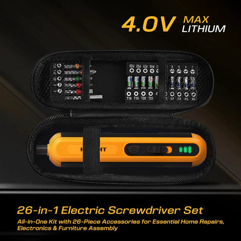 4V Cordless Electric Screwdriver Set With USB C Charge LED Light 26 S2 Bits in zippered case, interior view of tools