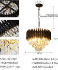 Modern Crystal Chandelier 3 Tier Round Black And Gold Pendant Light With 12 LED Bulbs, detailed view of the fixture design