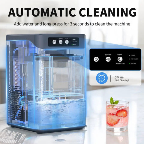 Heavy Duty Countertop Nugget Ice Maker Spits Out Chewable Ice Fast With Built In Water Tank And Hassle Free Self Clean Feature with self-cleaning display.