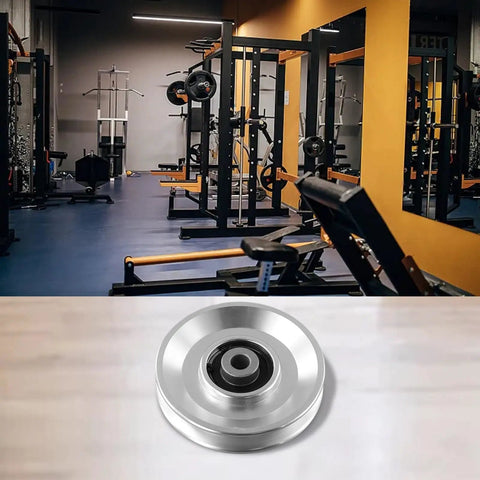 110mm CNC Machined Aluminum Cable Pulley Wheel With 6202RS Bearings For Home Gym Quiet Smooth Operation Built To Last AL6061 Aircraft Grade Aluminum Fitness Roller Silver 1 Pack, shown on gym machine