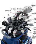 14 Way Divider Top Golf Cart Bag With Quiet Design displaying organized clubs, navy grey, men's golf bag with storage and handles.