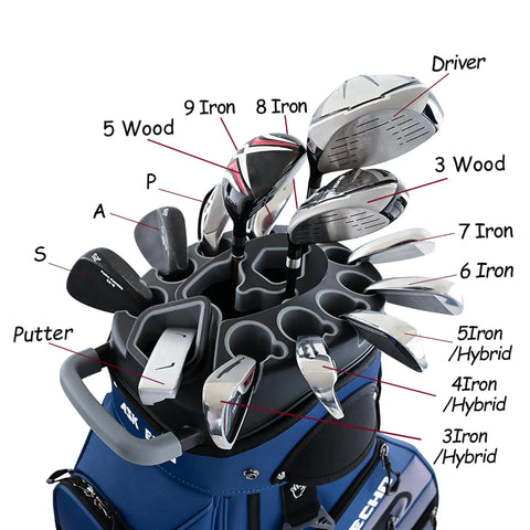 14 Way Divider Top Golf Cart Bag With Quiet Design displaying organized clubs, navy grey, men's golf bag with storage and handles.