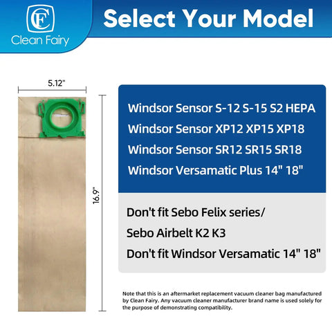 20 Pack Vacuum Filter Bags Pro Grade Heavy Duty Compatible With Windsor Sensor S12 S15 XP12 XP15 XP18 SR12 SR15 SR18 Versamatic Plus And Sebo C G X Series Uprights Replacement For 5300REP shown with size details and model compatibility. Image showing a single beige bag with a green circular fitting next to compatibility list.