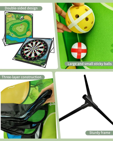 Golf Chipping Game Mat With Sticky Balls 6 Large And 30 Small, 59x59 Inch Large Dual Sided Practice Mat details including frame and balls.