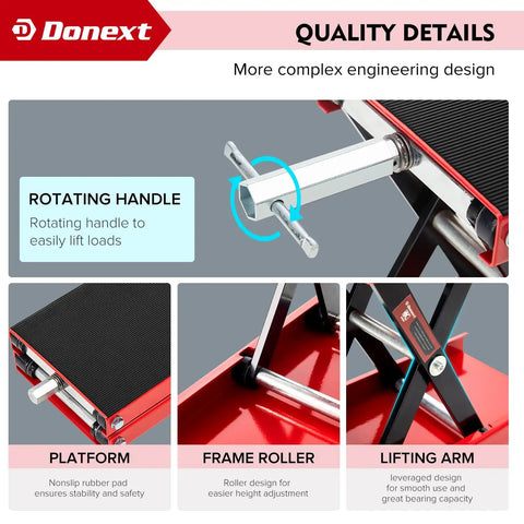 Close-up of Beefy Heavy Duty Motorcycle Lift Scissor Jack 1200 Lb Capacity with anti-slip platform and rotating handle detail