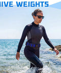 Diver wearing two piece nylon weight belt set with hard plastic buckles for freediving and spearfishing blue adjustable 58 inch belts