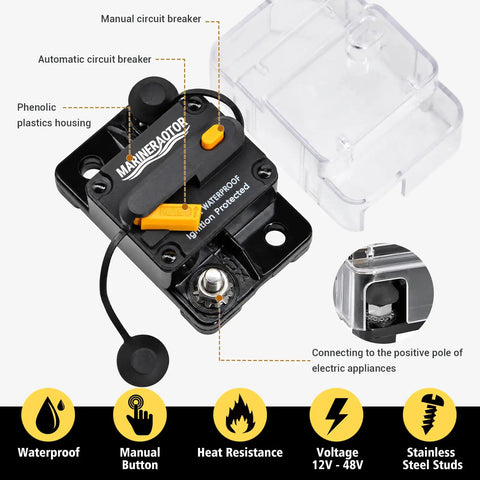 Hella Heavy Duty Built Rugged 60Amp Marine Circuit Breaker With Waterproof Sealed Cover Battery Disconnect Switch Inline Fuse Protector For Solar Boat Trolling Motor Systems, showing manual reset button and sealed housing.