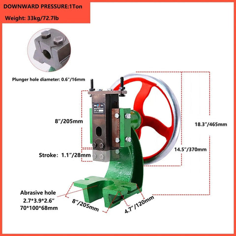 No Nonsense One Ton Manual Arbor Press With Easy Spin Wheel showing detailed specifications and dimensions, cast iron construction.