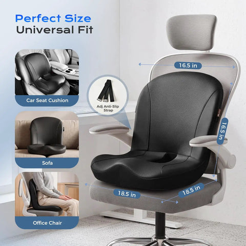 Premium Memory Foam Car Seat Cushion With Napa Leather ergonomic design for universal fit on chairs and sofas, featuring anti-slip straps.
