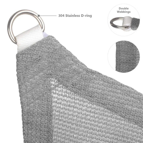 Close-up of the corner of gray 4 By 5 Feet Sun Shade Sail With Durable Grommets Heavy Duty UV Blocking Mesh For Outdoor Patio Deck Or Porch 170 GSM HDPE Shade Canopy Cover Ideal For Backyards Poolside And Porches