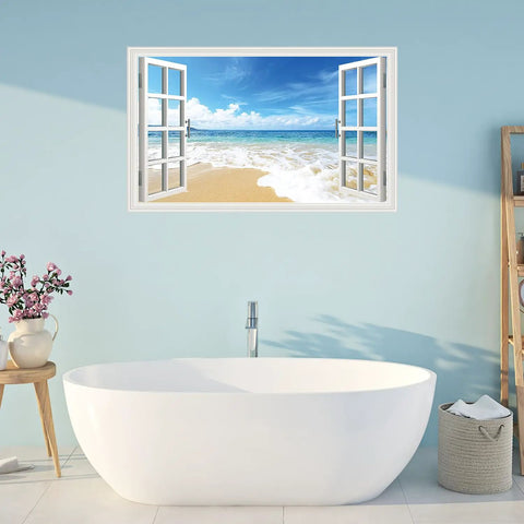 Beach Seascape 3D Fake Window Wall Sticker Removable Faux Window Decal Landscape For Living Room And Bedroom Easy Peel And Stick Repositionable Ocean View Wall Art Vibe above a bathtub in a bathroom