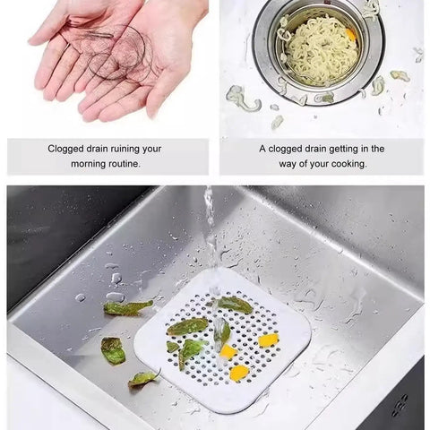 A Total Game Changer 3 Pack Silicone Drain Catchers For Sink And Tub Reusable Hair Strainers With Mesh Filter collecting debris in a kitchen sink.