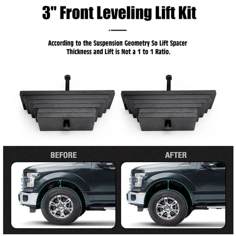 3" Front Leveling Lift Kit for 1999 to 2004 Ford F250 F350, includes lift spacers for suspension upgrade, before and after images.