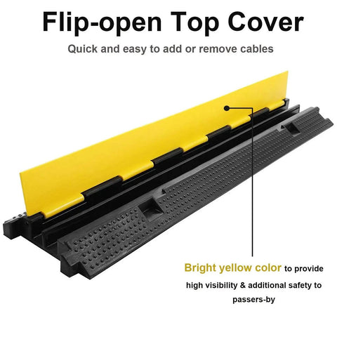 Three Pack Dual Channel Rubber Cable Protector Ramp with flip-open top showing yellow and black design for easy cable access.
