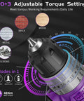 Close-up of purple brushless cordless drill set for home DIY showing 20+3 torque settings for various materials.