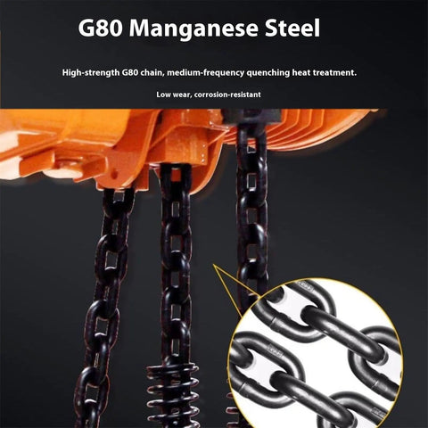 Close-up of G80 manganese steel chain on Built Tough 3 Ton Electric Hoist Chain Type Gantry Crane for heavy lifting.
