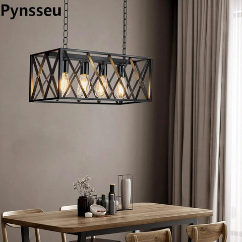 Industrial Heavy Duty Kitchen Island Pendant Light Four Light Rectangular Rustic Vintage Hanging Fixture in dining room