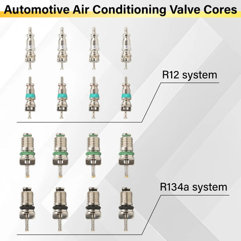 Pro Grade 39 Piece Air Conditioning Valve Core Kit For DIY Techs displayed with R12 and R134a valve cores visible.