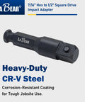 Seven Sixteenths Hex to One Half Inch Square Drive Impact Socket Adapter made of heavy-duty CR-V steel with corrosion-resistant coating.