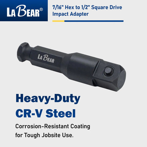 Seven Sixteenths Hex to One Half Inch Square Drive Impact Socket Adapter made of heavy-duty CR-V steel with corrosion-resistant coating.