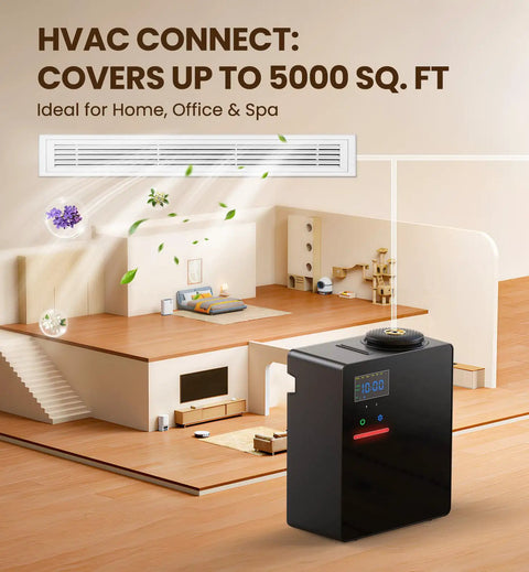 Chill Out Your Space With This Waterless Essential Oil Diffuser showcasing app controls in a spacious modern home setting.