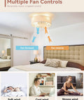 Low Profile Ceiling Fan With Light 20 Inch Boho Rattan Flush Mount Drum Cage 6 Speeds With Remote Control displaying fan controls in a bedroom.