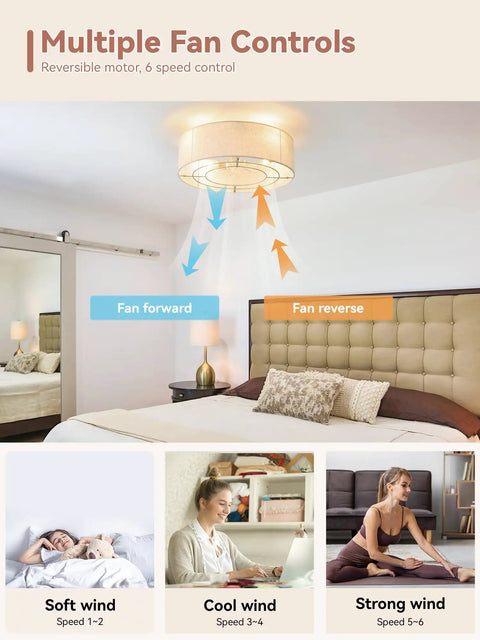 Low Profile Ceiling Fan With Light 20 Inch Boho Rattan Flush Mount Drum Cage 6 Speeds With Remote Control displaying fan controls in a bedroom.