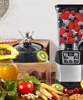 High Performance Seven Fin Male Blender Blade Replacement With Rubber Gasket Seal Fits Eighteen Ounce Twenty Four Ounce And Thirty Two Ounce Cups Perfectly next to a silver blender filled with mixed berries on a wooden counter with fresh produce
