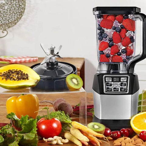 High Performance Seven Fin Male Blender Blade Replacement With Rubber Gasket Seal Fits Eighteen Ounce Twenty Four Ounce And Thirty Two Ounce Cups Perfectly next to a silver blender filled with mixed berries on a wooden counter with fresh produce