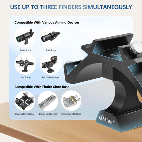 Triple Finder Scope Mounting Bracket for telescopes with 3 positions for finders and guidescopes, aluminum build.