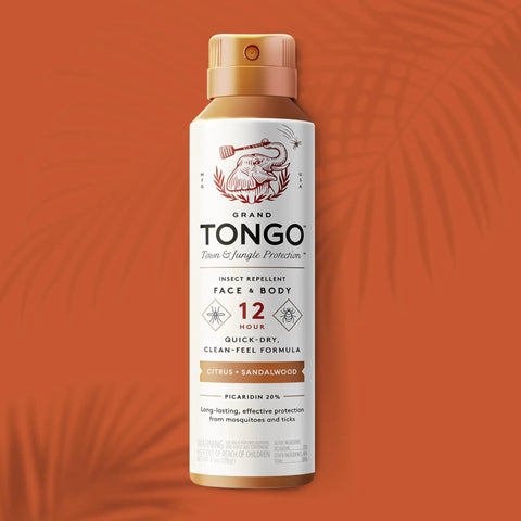 DEET-Free Insect Repellent With Picaridin, 12-Hour Mosquito and Tick Protection can with citrus and sandalwood on an orange background.
