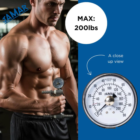 Professional Grade Hand Grip Dynamometer And Strength Tester For Rehab, Therapy And Fitness Training, Hydraulic Grip Meter With Adjustable Handle That Fits All Hand Sizes And Delivers Clinically Accurate Readouts. Close-up analog gauge showing max 200 lbs