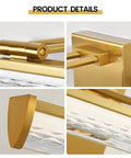 Brushed Gold 24 Inch Vanity Light With 3000K LED, Modern Bathroom Wall Fixture, Water Ripple Shade details