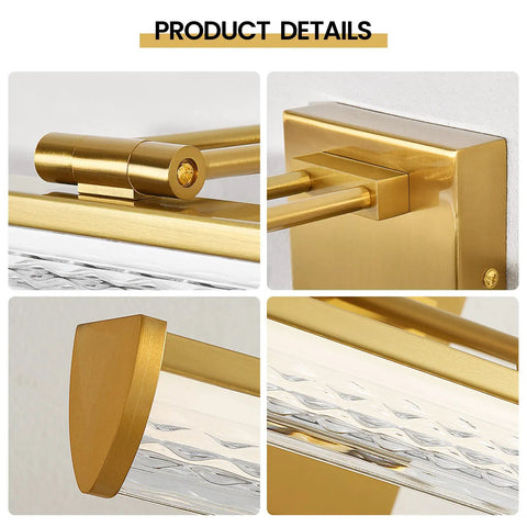 Brushed Gold 24 Inch Vanity Light With 3000K LED, Modern Bathroom Wall Fixture, Water Ripple Shade details