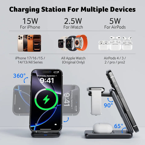 3 In 1 Magnetic Wireless Charging Station For iPhone Apple Watch And AirPods MagSafe Compatible Foldable Desk Stand Fast Charge Dock With Magnetic Alignment And Qi Wireless Power Hub Go To Accessory