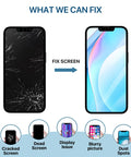 LCD Display Replacement Kit With Frame And Digitizer For 13 Series 6.1 Inch Full Assembly With Repair Tools And Waterproof Adhesive DIY Friendly Screen Repair Bundle For Quick Clean Fixes showing cracked and repaired screens