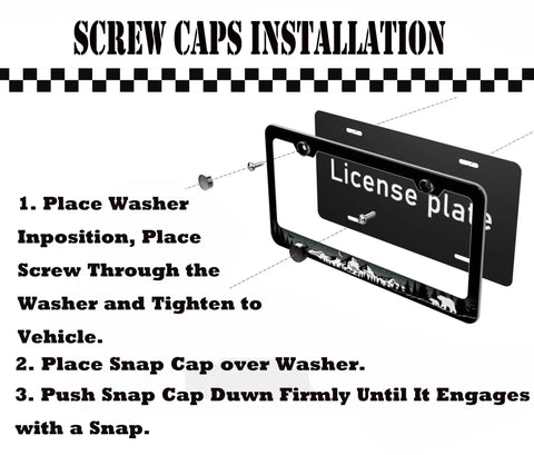 Forest Wildlife License Plate Frame installation steps with washer, snap cap, and screws